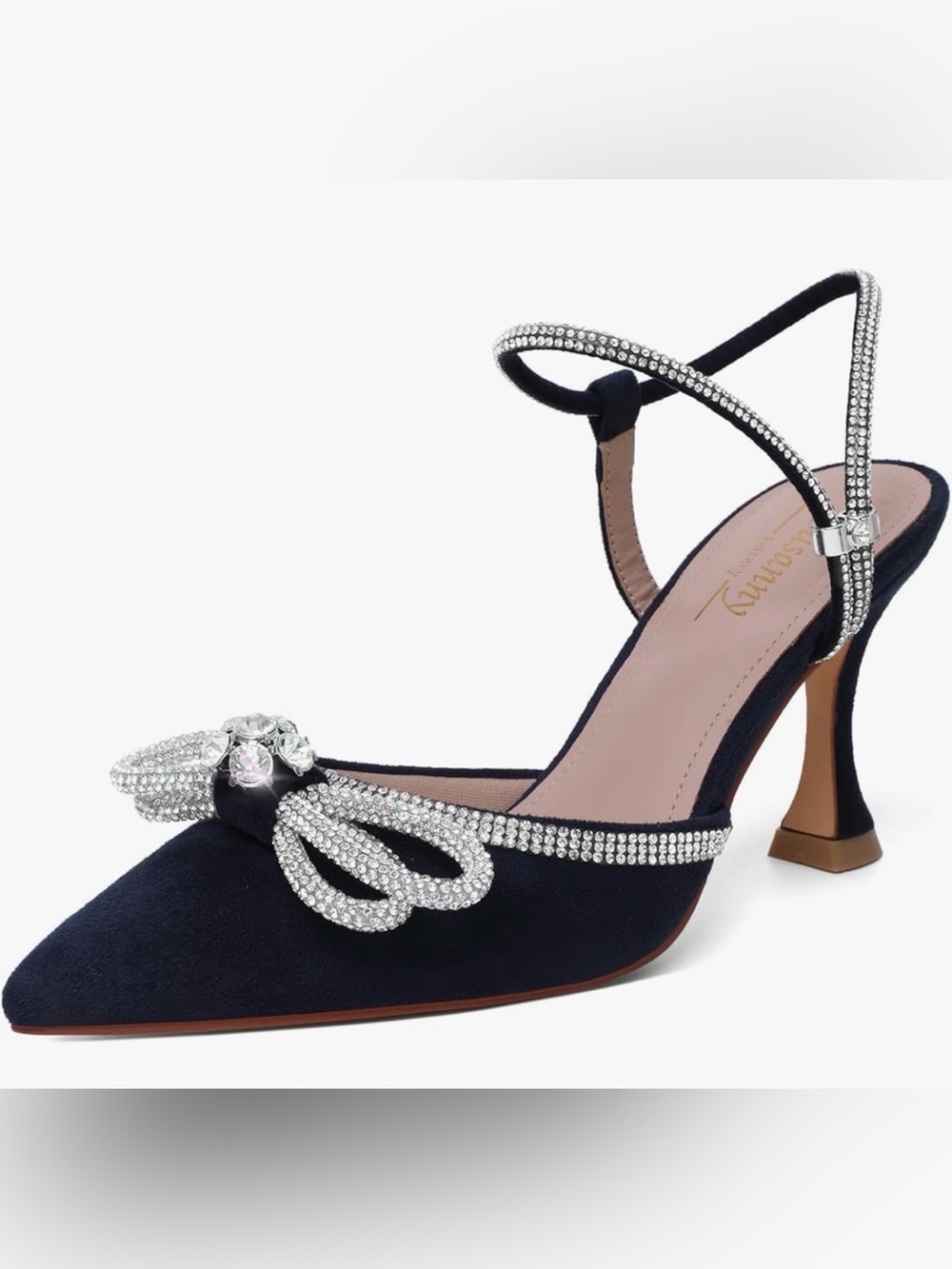 Amazon Essentials Navy Rhinestone Bow Pointed Heel Pump